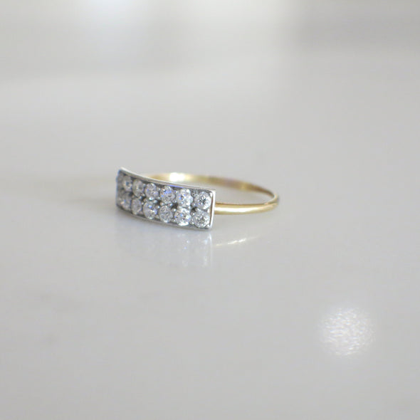 Art Deco Double Row Diamond Ring in 14K Yellow Gold and Platinum, Vintage Old European Cut Diamond Band