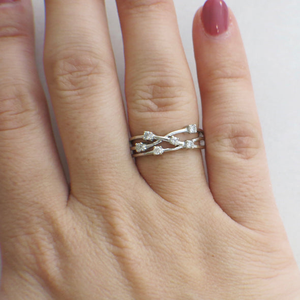 14K White Gold Diamond Branch Ring Band Multi Row Minimalist Stacking Ring