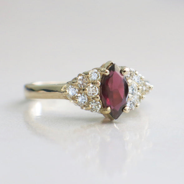 14K Gold Marquise Garnet Ring with Diamond Clusters Vintage Style 6.5