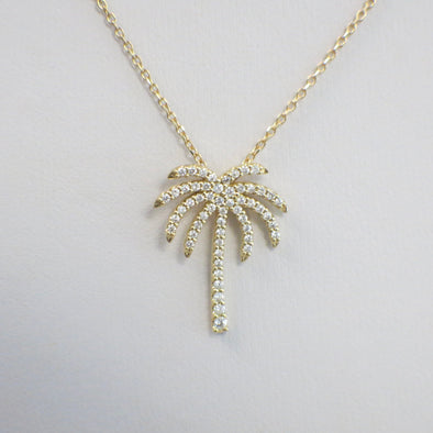 14K Yellow Gold Diamond Palm Tree Necklace – Beach Pendant, 16 Inch Chain