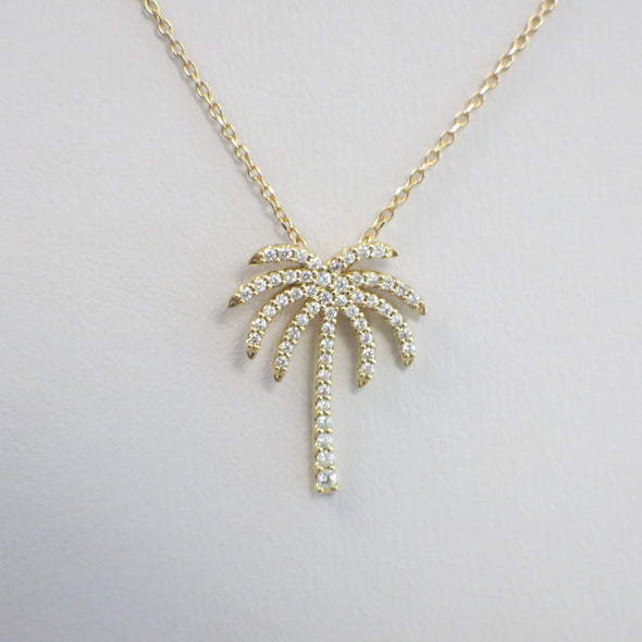 14K Yellow Gold Diamond Palm Tree Necklace – Beach Pendant, 16 Inch Chain