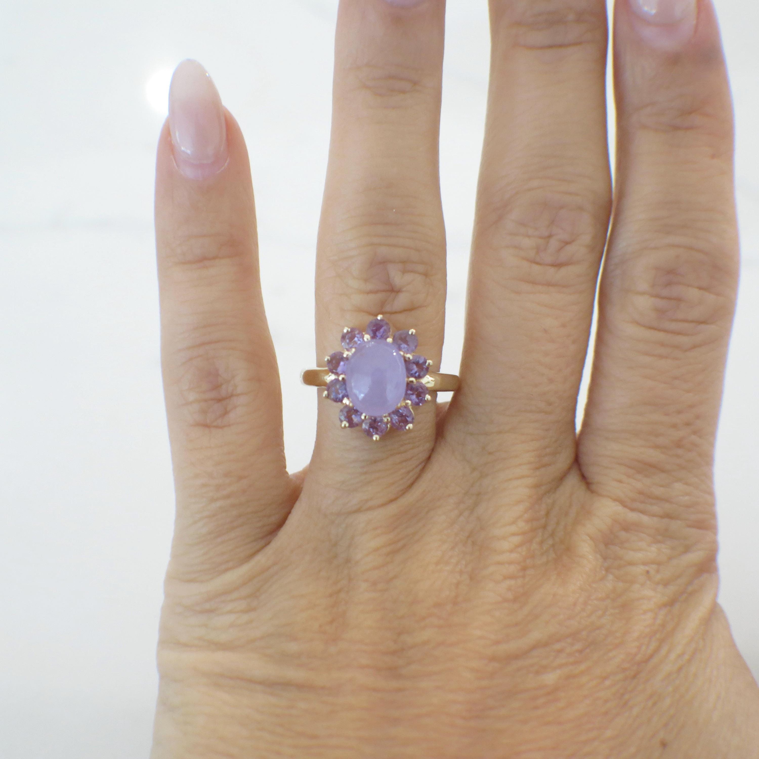 Lavender Jade and Sapphire Floral Ring – 14K Yellow Gold Oval Cabochon, Size 7.25 - Black Market LLC