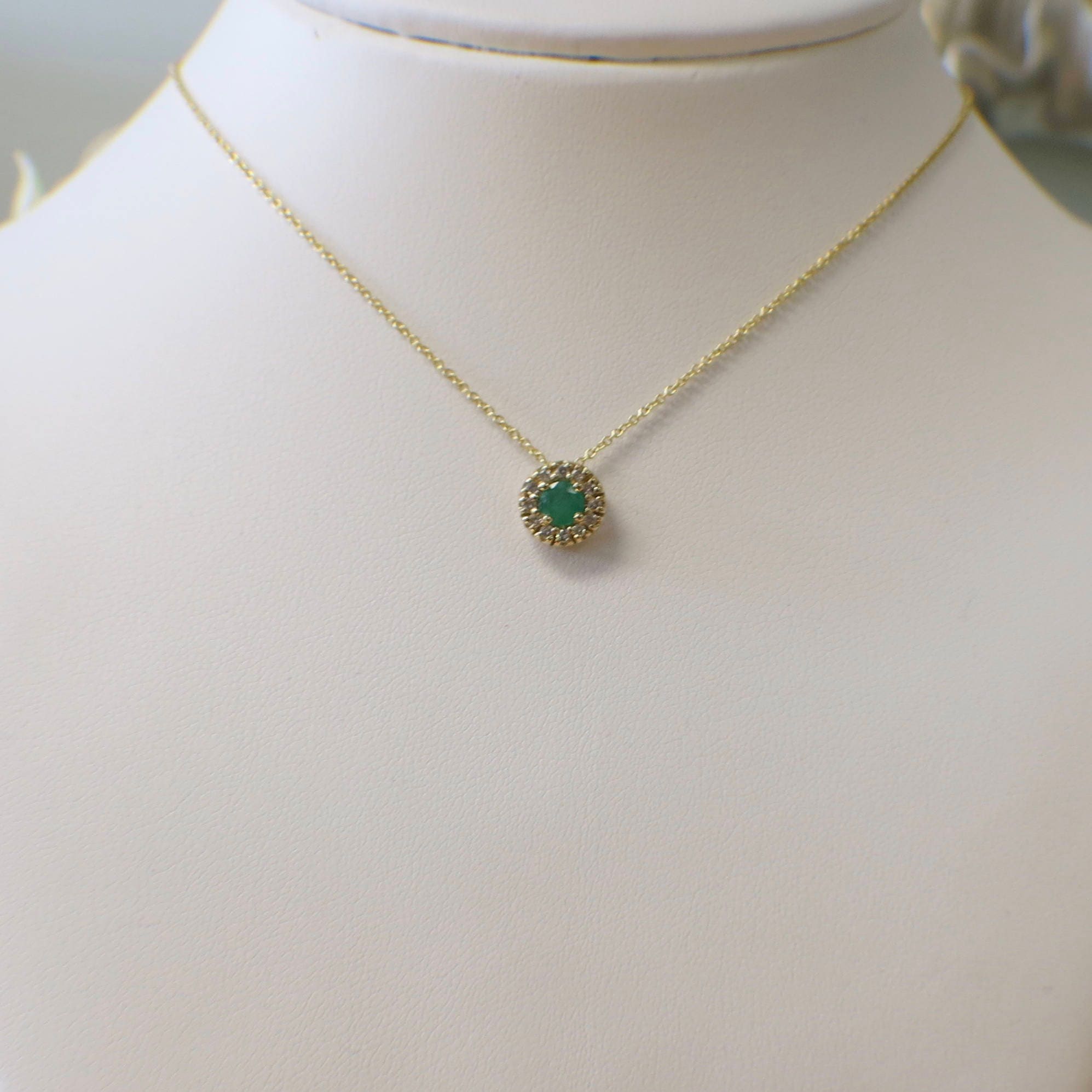 14K Yellow Gold Emerald and Diamond Halo Pendant Necklace – 16" - Black Market LLC