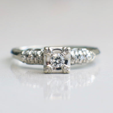 Vintage 14K White Gold Diamond Engagement Ring Square Head Setting Size 8.5