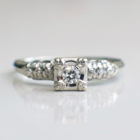 Vintage 14K White Gold Diamond Engagement Ring | Square Head Setting Size 8.5