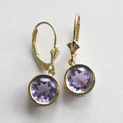 14K Gold Amethyst Dangle Earrings Bezel Set February Birthstone Jewelry