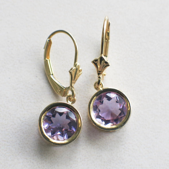 14K Gold Amethyst Dangle Earrings Bezel Set February Birthstone Jewelry
