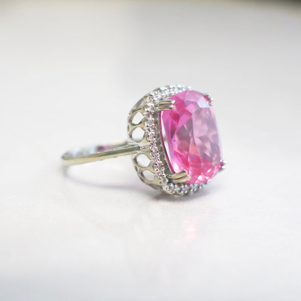 10K White Gold Synthetic Pink Sapphire Halo Diamond Ring Vintage Style