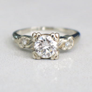 Vintage 14K White Gold Diamond Engagement Ring – .75 CT Center, Floral Accents, Size 5