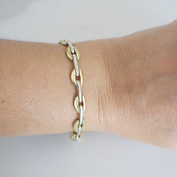 14K Two-Tone Oval Link Bracelet | Yellow & White Gold 7.25 Inch | Textured Center 9.9g