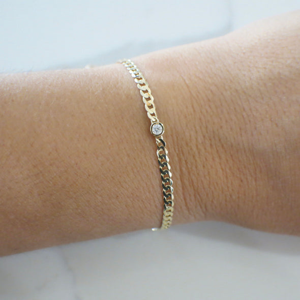 14K Yellow Gold Bezel Set Diamond Curb Chain Bracelet, .10 CT Natural Diamond, Minimalist Layering Bracelet