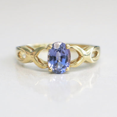 14K Yellow Gold Tanzanite Oval Ring Infinity Twist Band December Birthstone Jewelry