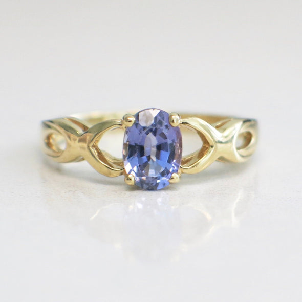 14K Yellow Gold Tanzanite Oval Ring Infinity Twist Band December Birthstone Jewelry