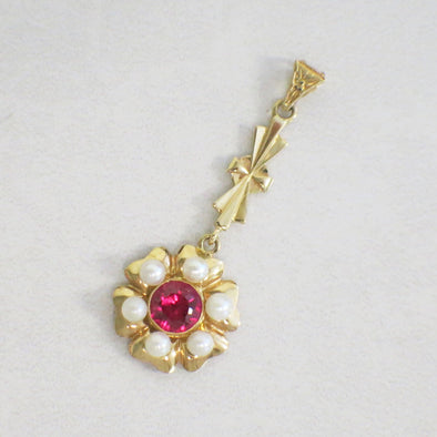 14K Gold Pearl and Pink Sapphire Pendant – Vintage Floral Dangle