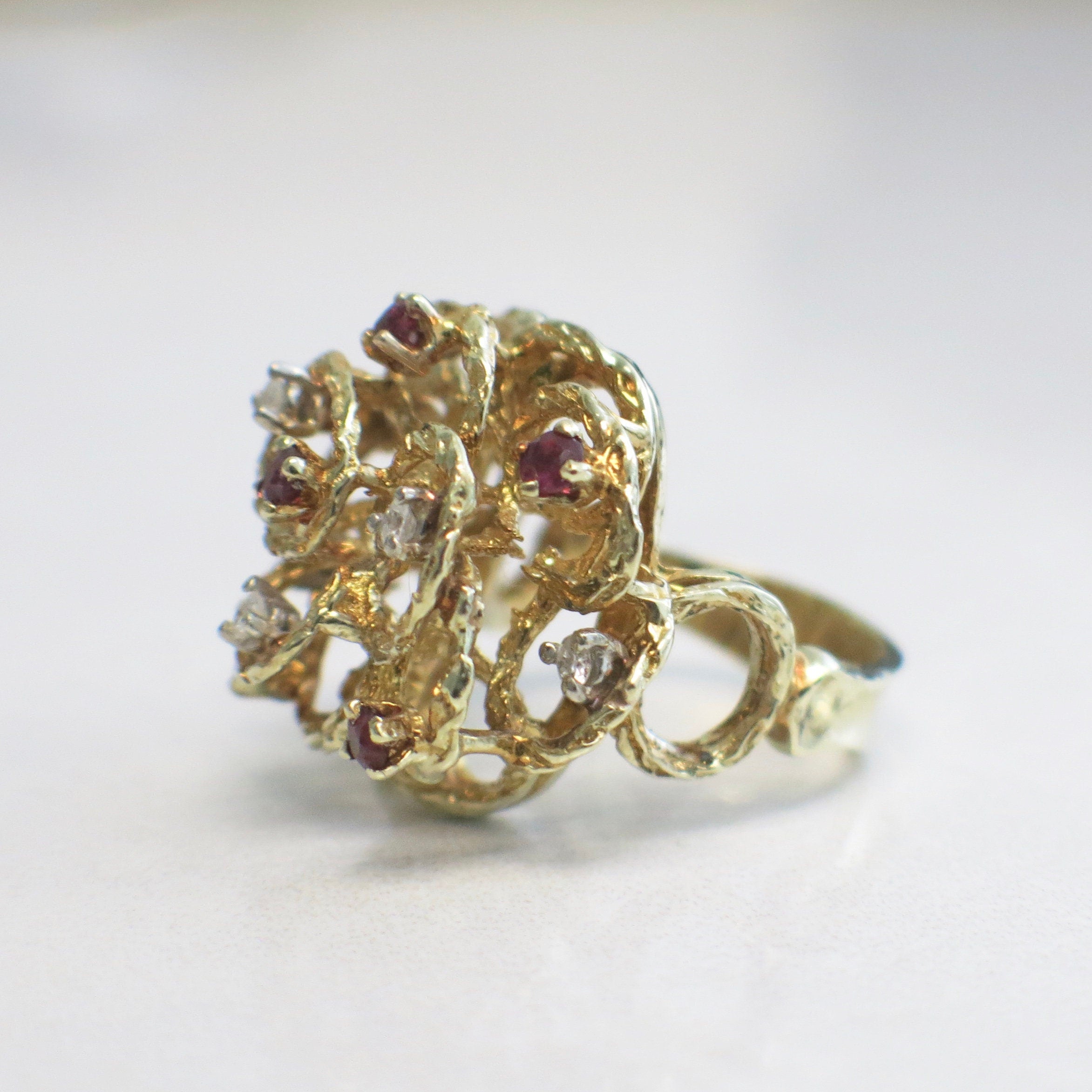 Vintage 14K Yellow Gold Ruby Diamond Flower Ring – Handmade Cluster Cocktail Ring, Size 8 - Black Market LLC