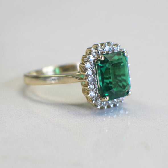Synthetic Emerald and Diamond Halo 14K Yellow Gold Ring, Alternative Engagement Ring, Vintage Inspired Emerald Ring