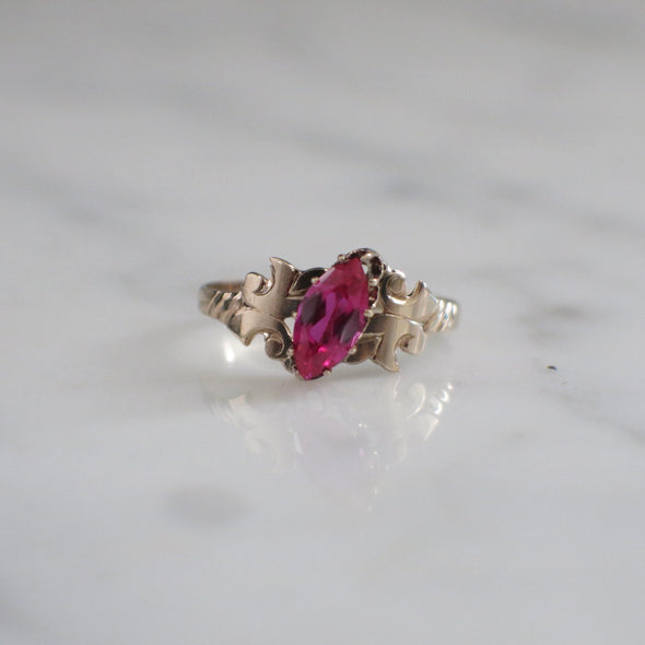 10K Gold Pink Sapphire Ring – Marquise Synthetic Gem Size 5.25