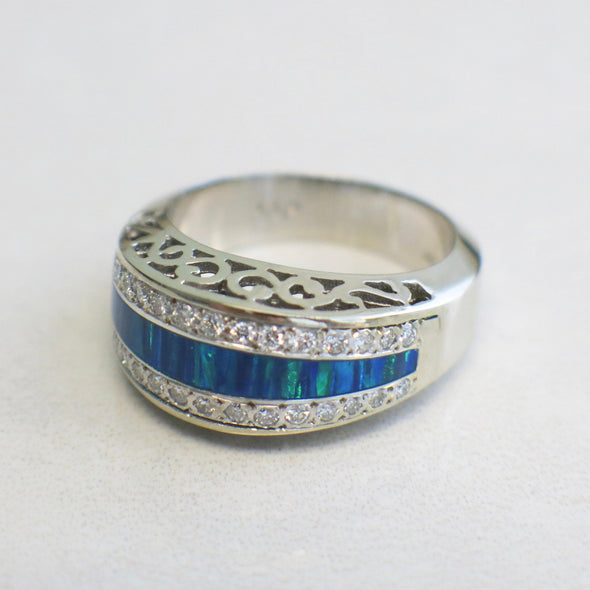 14K White Gold Australian Opal Inlay and Diamond Band, Vintage Filigree Ring