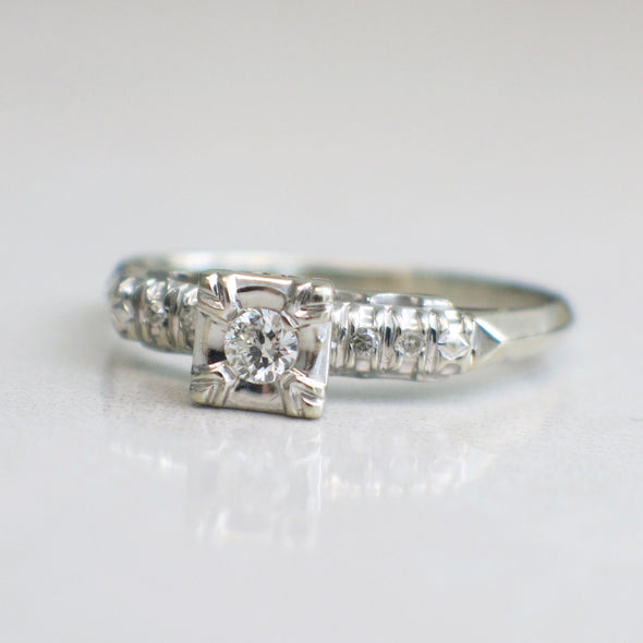 Vintage 14K White Gold Diamond Engagement Ring | Square Head Setting Size 8.5