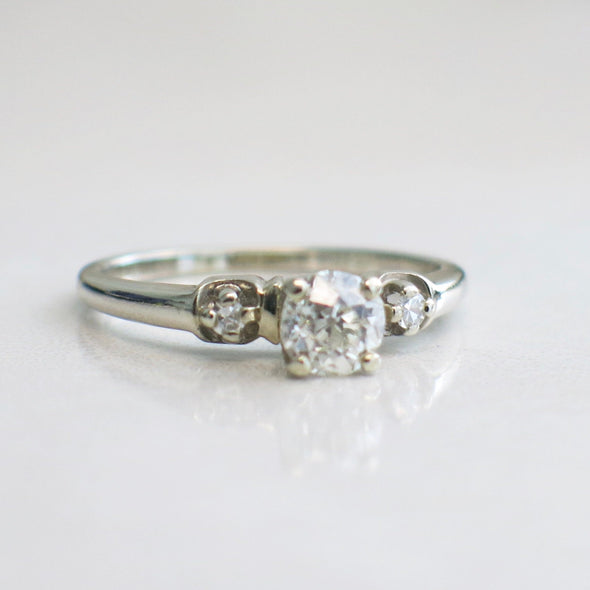 14K White Gold Old European Cut Diamond Vintage Engagement Ring, Antique Style Solitaire Ring