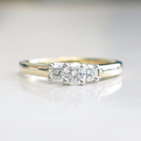Three Stone Diamond Ring 14K Yellow Gold Platinum Head .45ct Engagement Ring Size 6