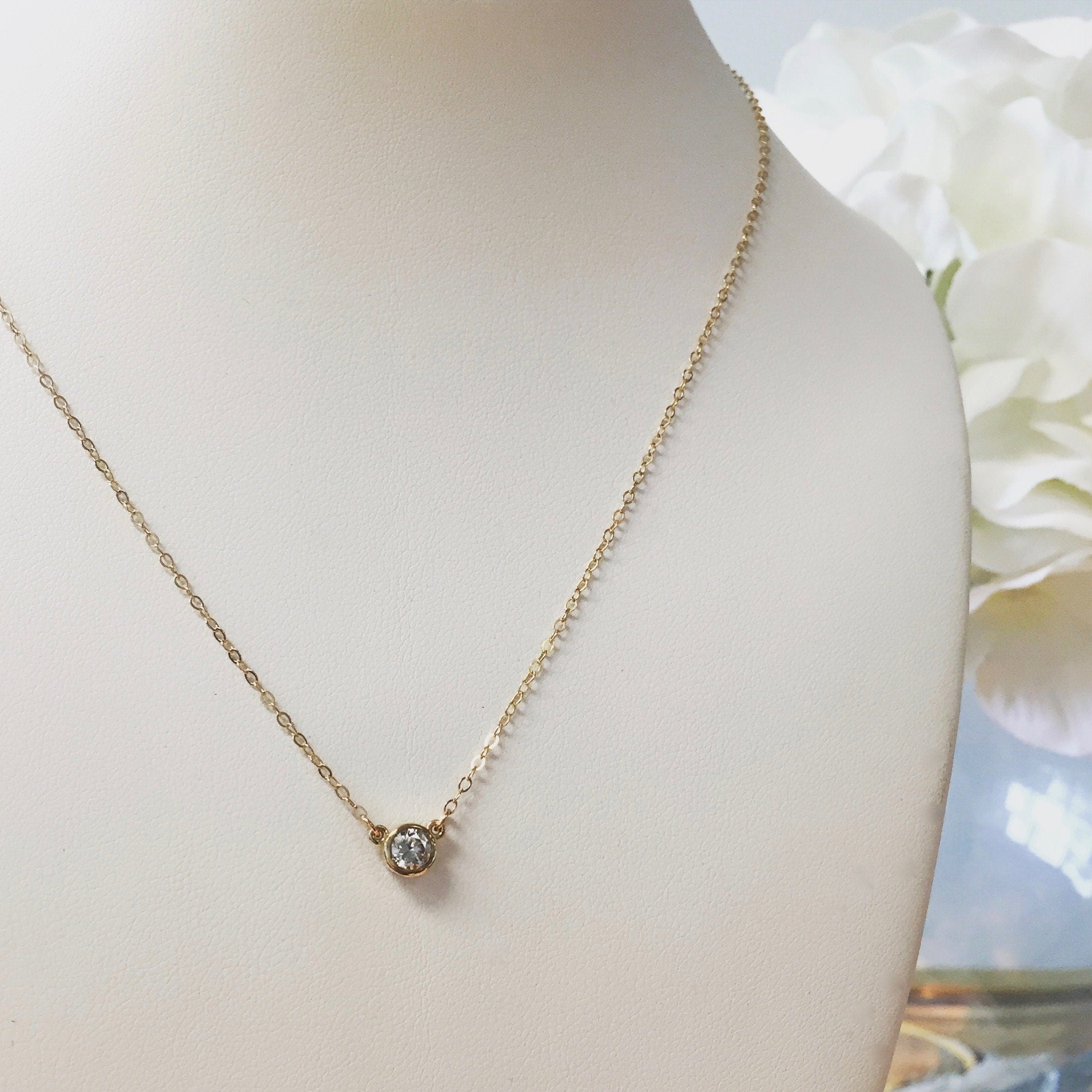 14K Gold Diamond Bezel Necklace | Custom Solitaire Pendant 16 or 18 Inch - Black Market LLC
