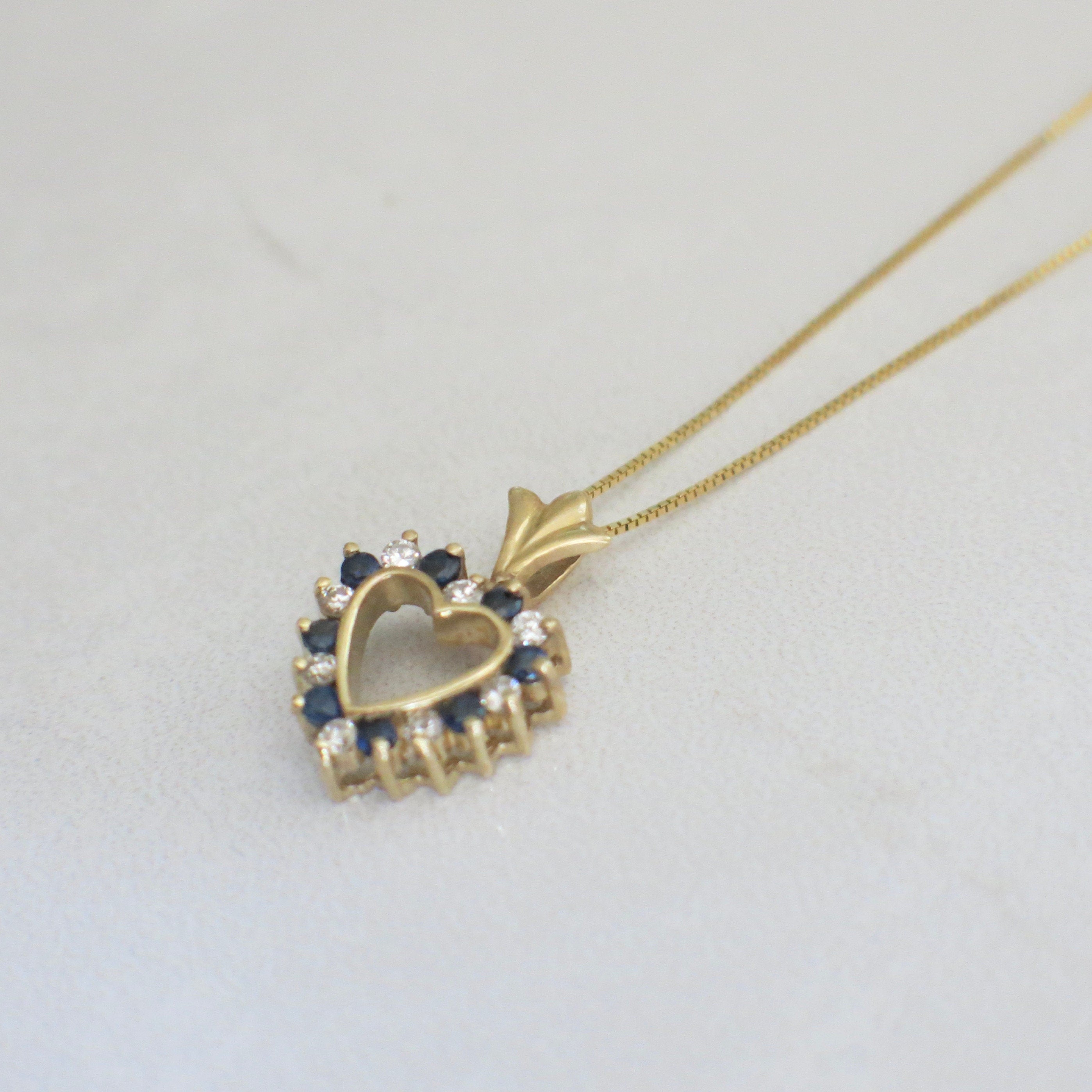 14K Gold Open Heart Pendant with Diamonds & Blue Sapphires – Vintage Necklace, 18 Inch - Black Market LLC