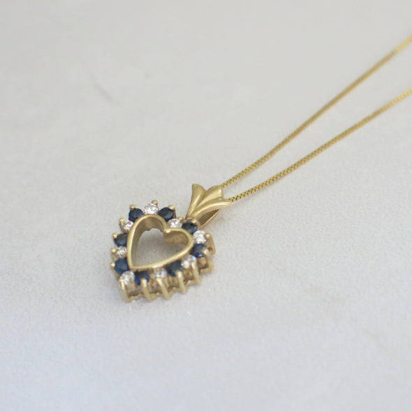 14K Gold Open Heart Pendant with Diamonds and Blue Sapphires | Vintage Necklace