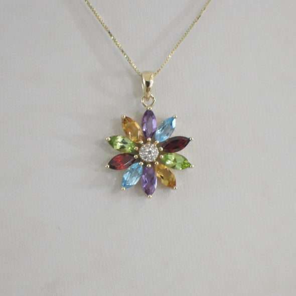 14K Yellow Gold Multi Gemstone and Diamond Flower Necklace