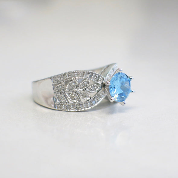 10K White Gold Blue Glass Gem Diamond Wide Band Scroll Ring Vintage Style