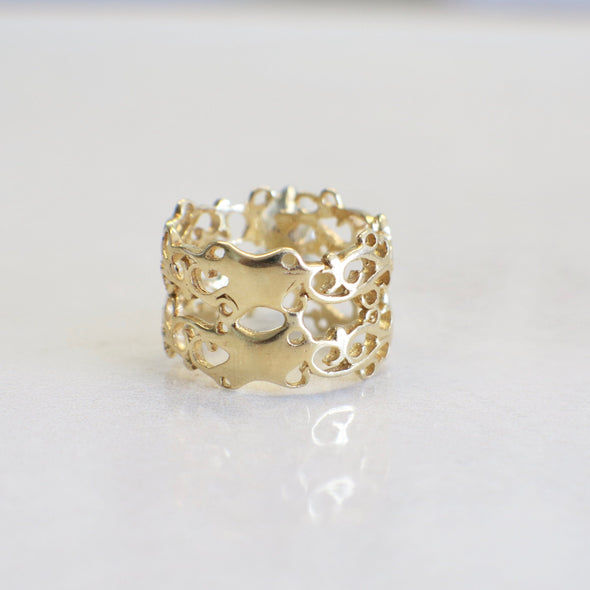 18K Yellow Gold Scroll Wide Band Ring – 1.00 CT Marquise Diamond Solitaire, Handmade Design, Size 7
