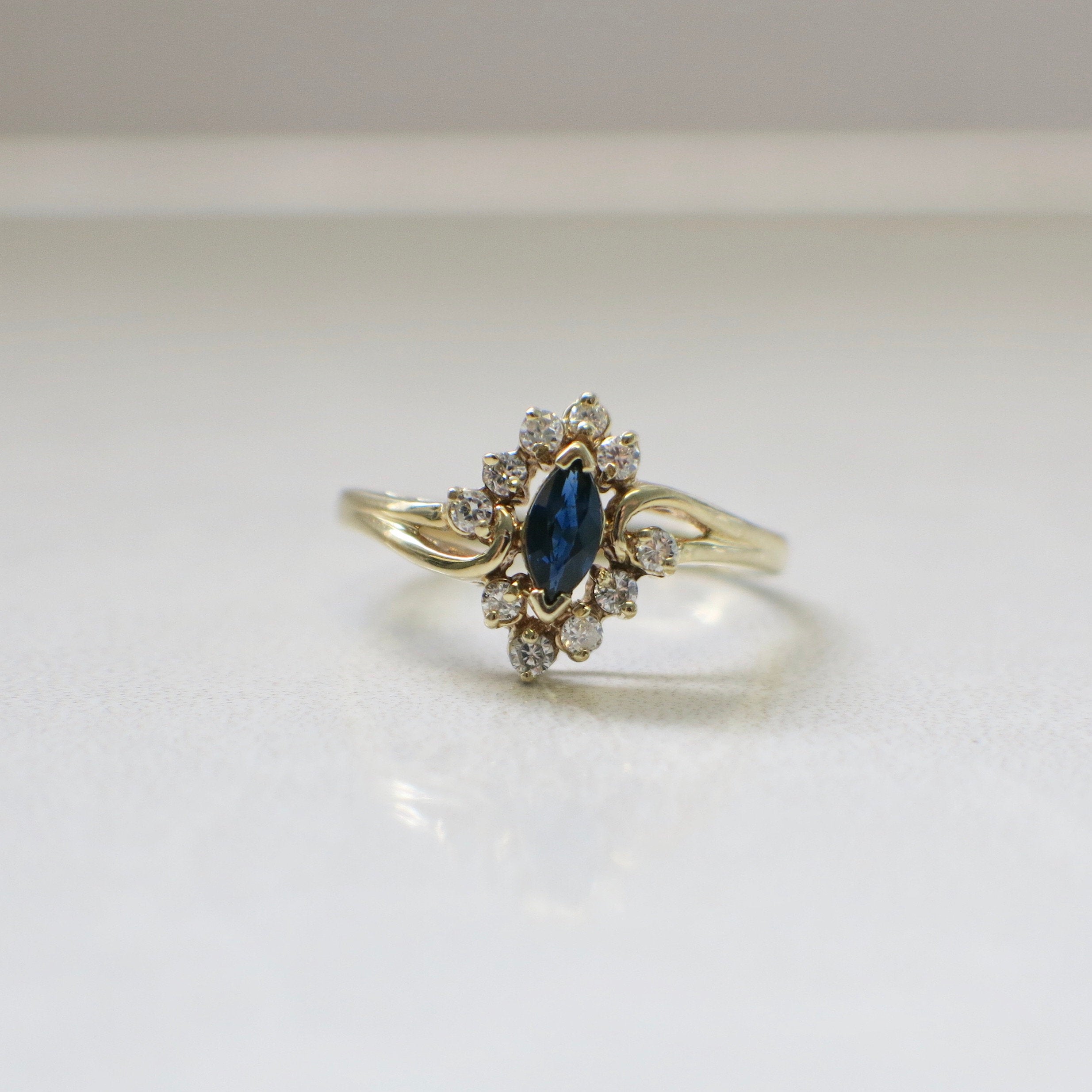 14K Yellow Gold Marquise Sapphire Diamond Halo Ring | Vintage Floral Style - Black Market LLC
