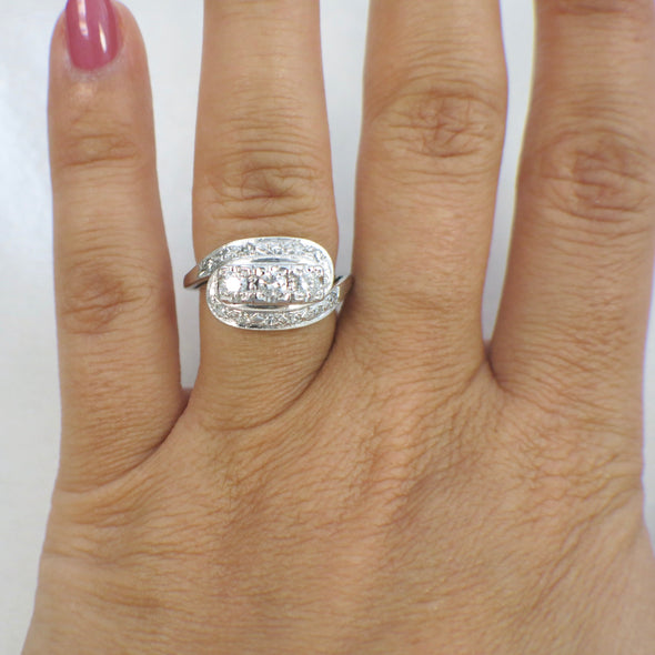 Art Deco 14K White Gold Three Stone Diamond Ring | Vintage Milgrain Engagement or Cocktail Ring