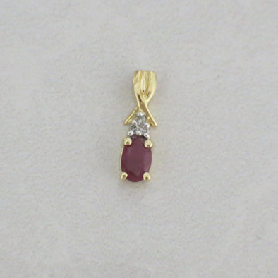 14K Gold Ruby Pendant – Vintage Oval Ruby and Diamond Drop