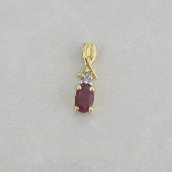 14K Gold Ruby Pendant – Vintage Oval Ruby and Diamond Drop