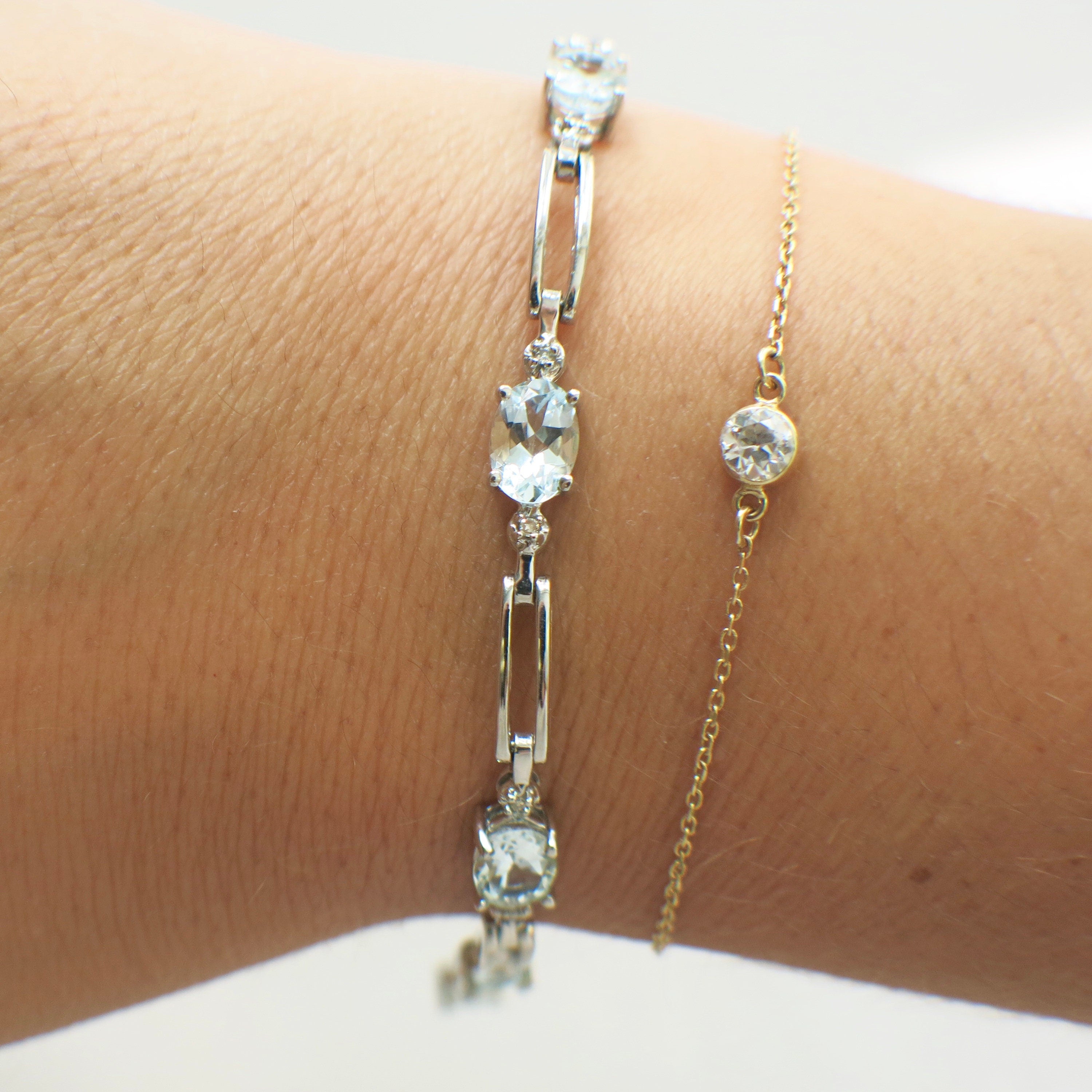 10K White Gold Light Blue Glass & Diamond Link Bracelet – 7 Inch Oval Stones - Black Market LLC