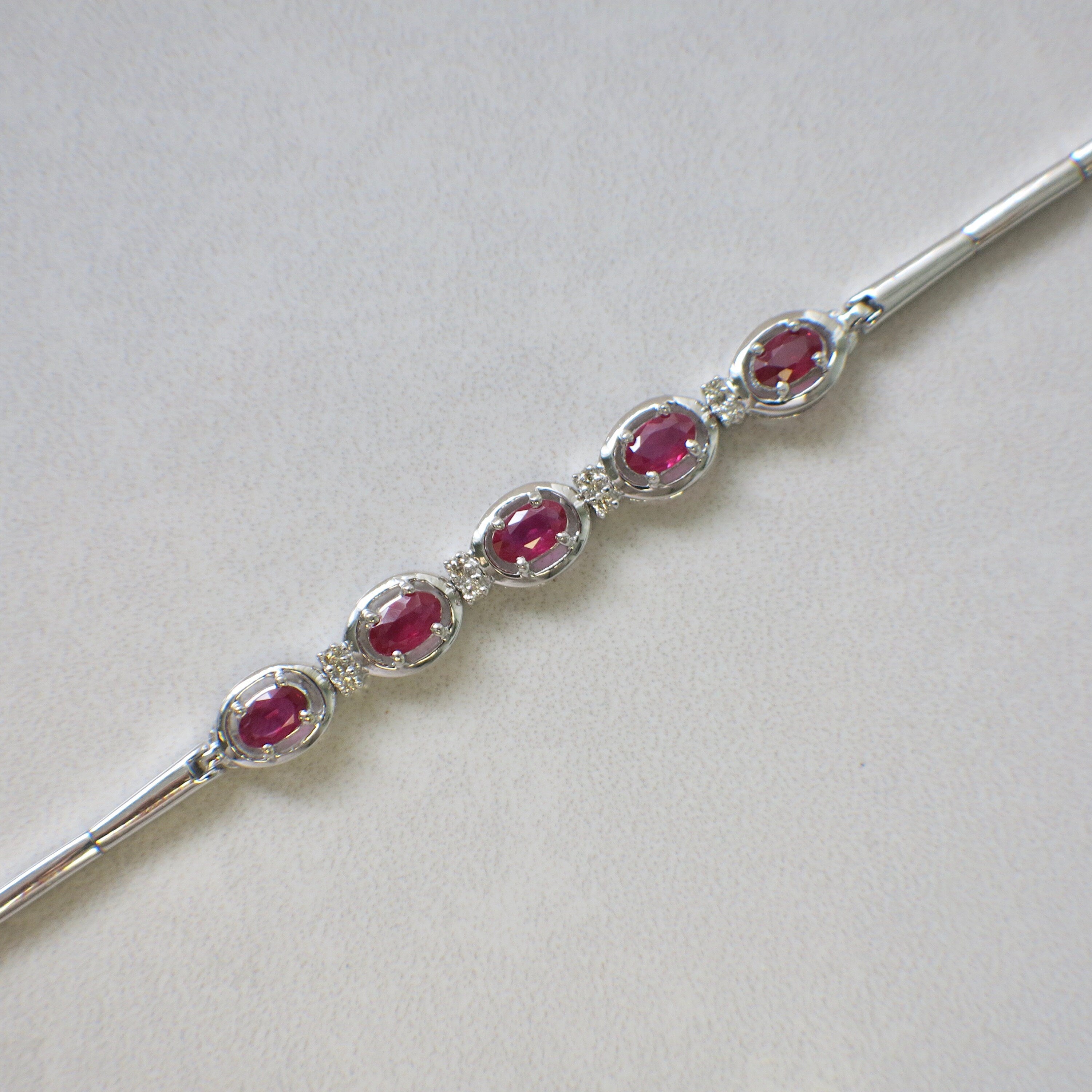 14K White Gold Ruby and Diamond Bracelet | 7 Inch East-West Oval Ruby Vintage Tennis Style - Black Market LLC