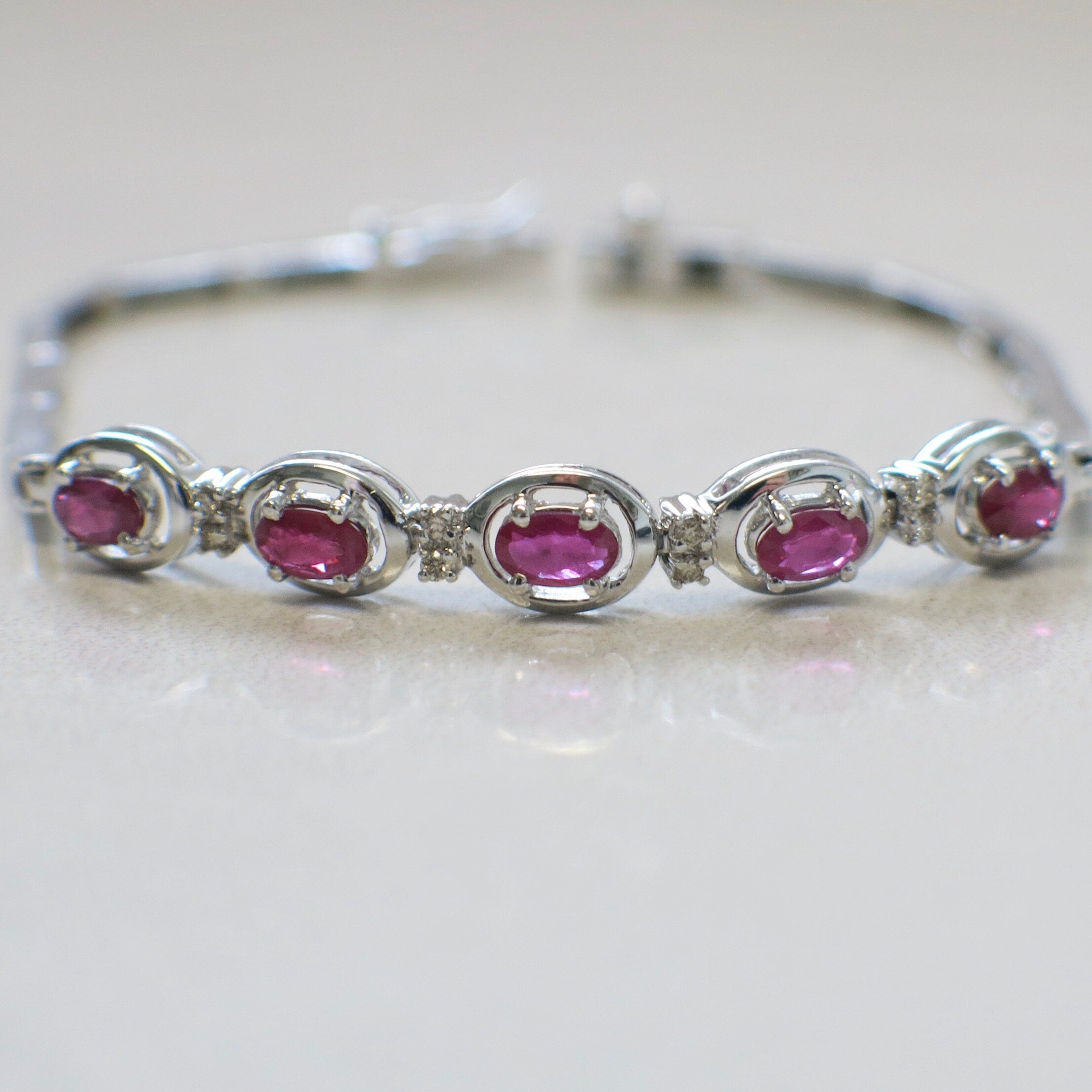 14K White Gold Ruby and Diamond Bracelet | 7 Inch East-West Oval Ruby Vintage Tennis Style - Black Market LLC
