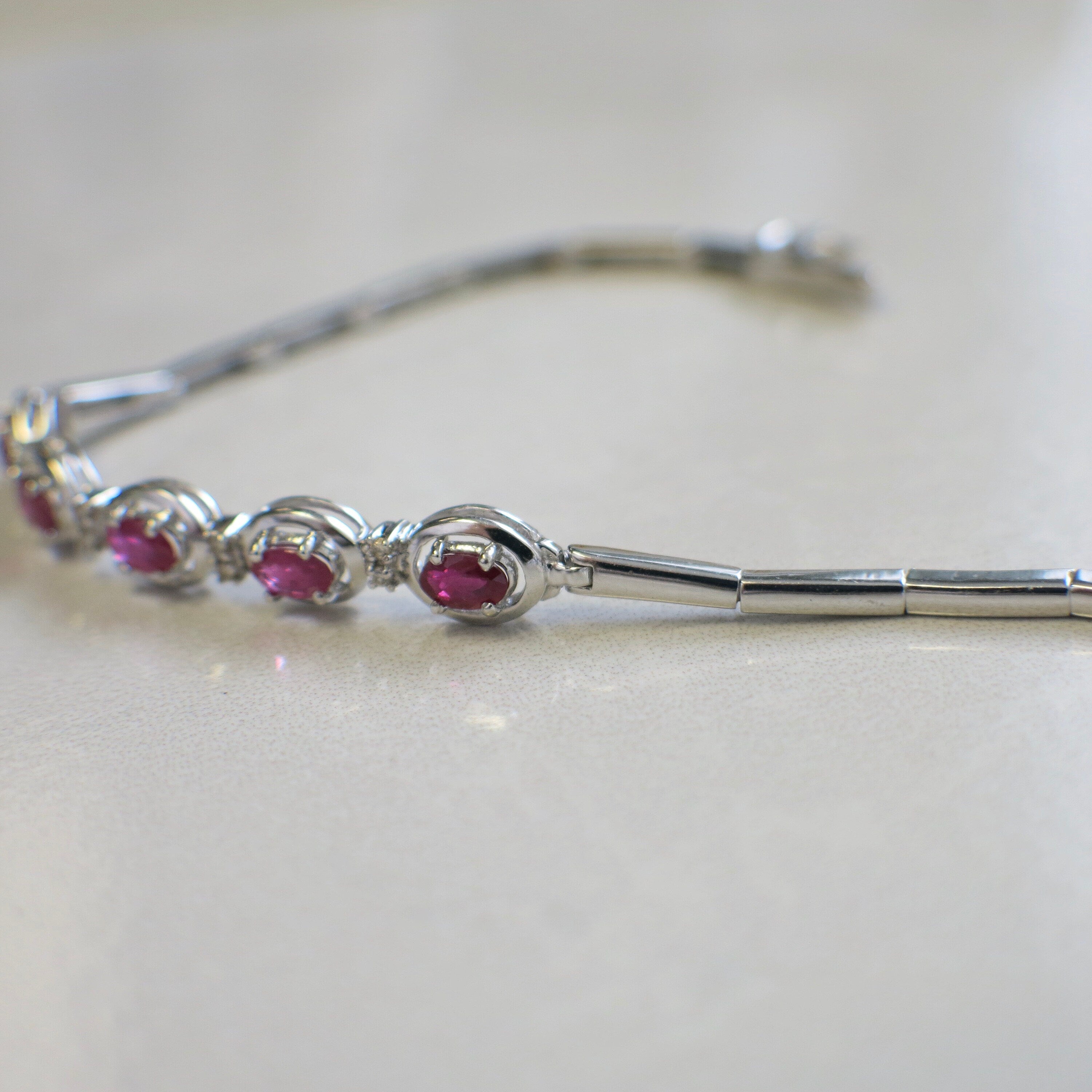 14K White Gold Ruby and Diamond Bracelet | 7 Inch East-West Oval Ruby Vintage Tennis Style - Black Market LLC