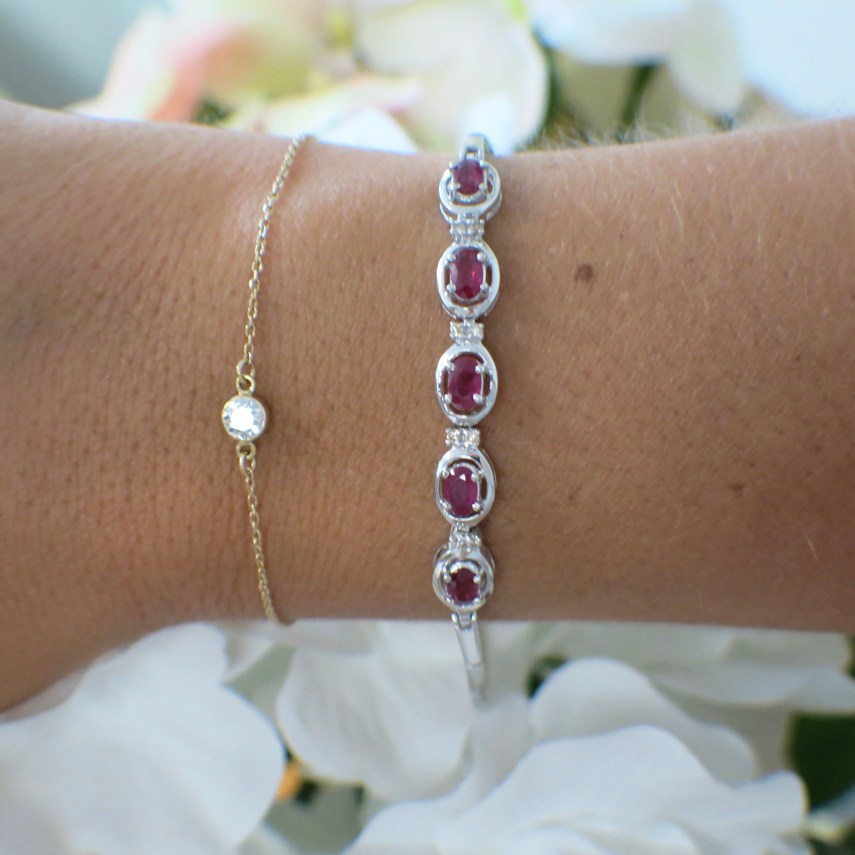 14K White Gold Ruby and Diamond Bracelet | 7 Inch East-West Oval Ruby Vintage Tennis Style - Black Market LLC