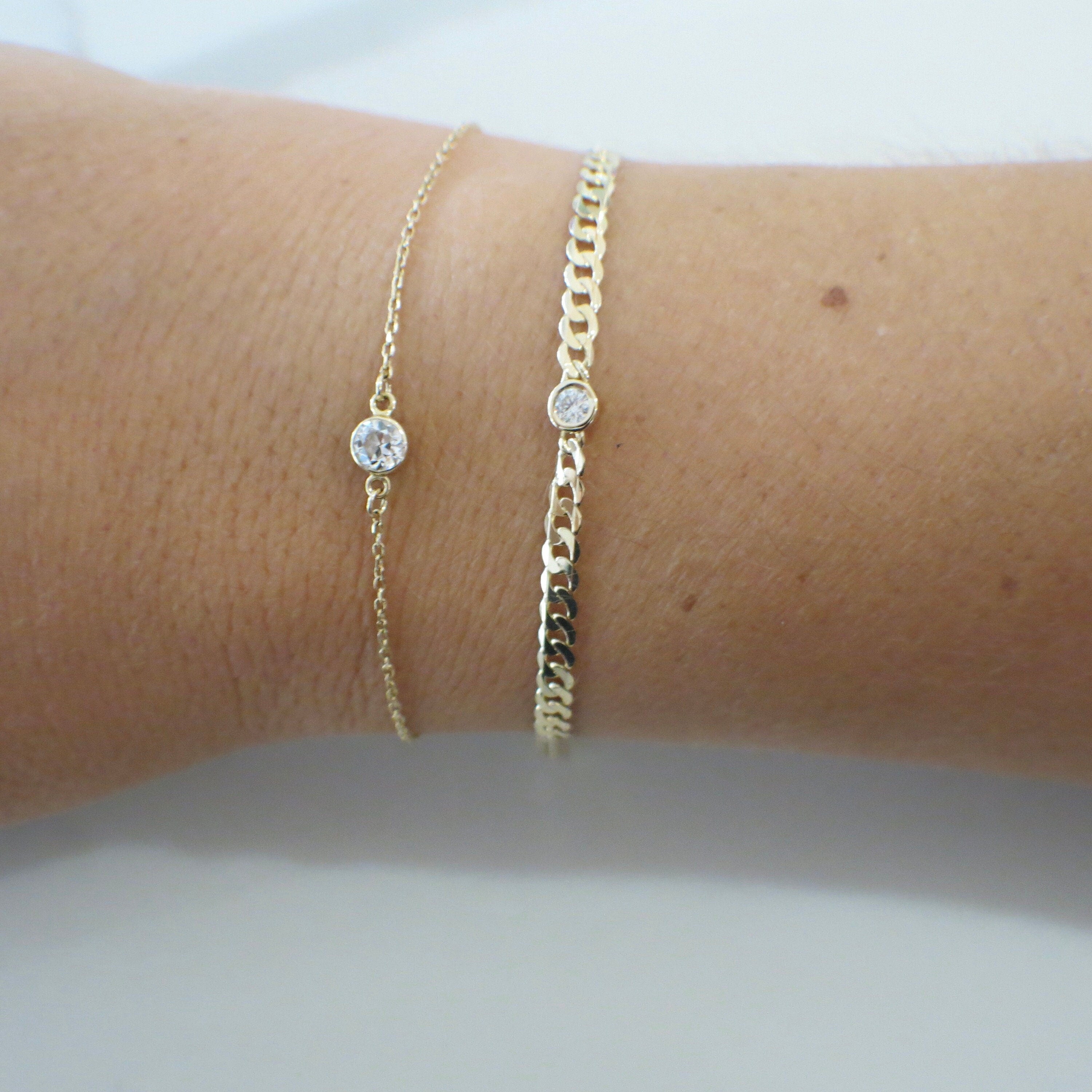 14K Yellow Gold Bezel Set Diamond Curb Chain Bracelet – .10 CT, 7" - Black Market LLC