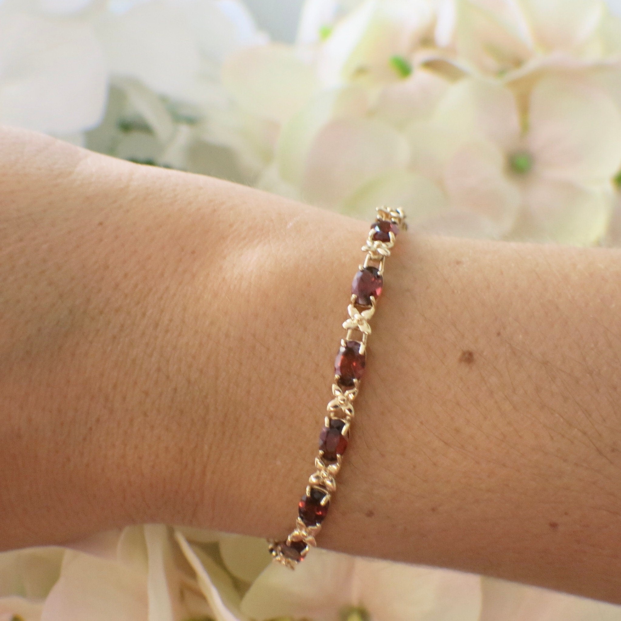 Vintage 10K Yellow Gold Garnet X Tennis Bracelet | 7 Inch January Birthstone Jewelry - Black Market LLC