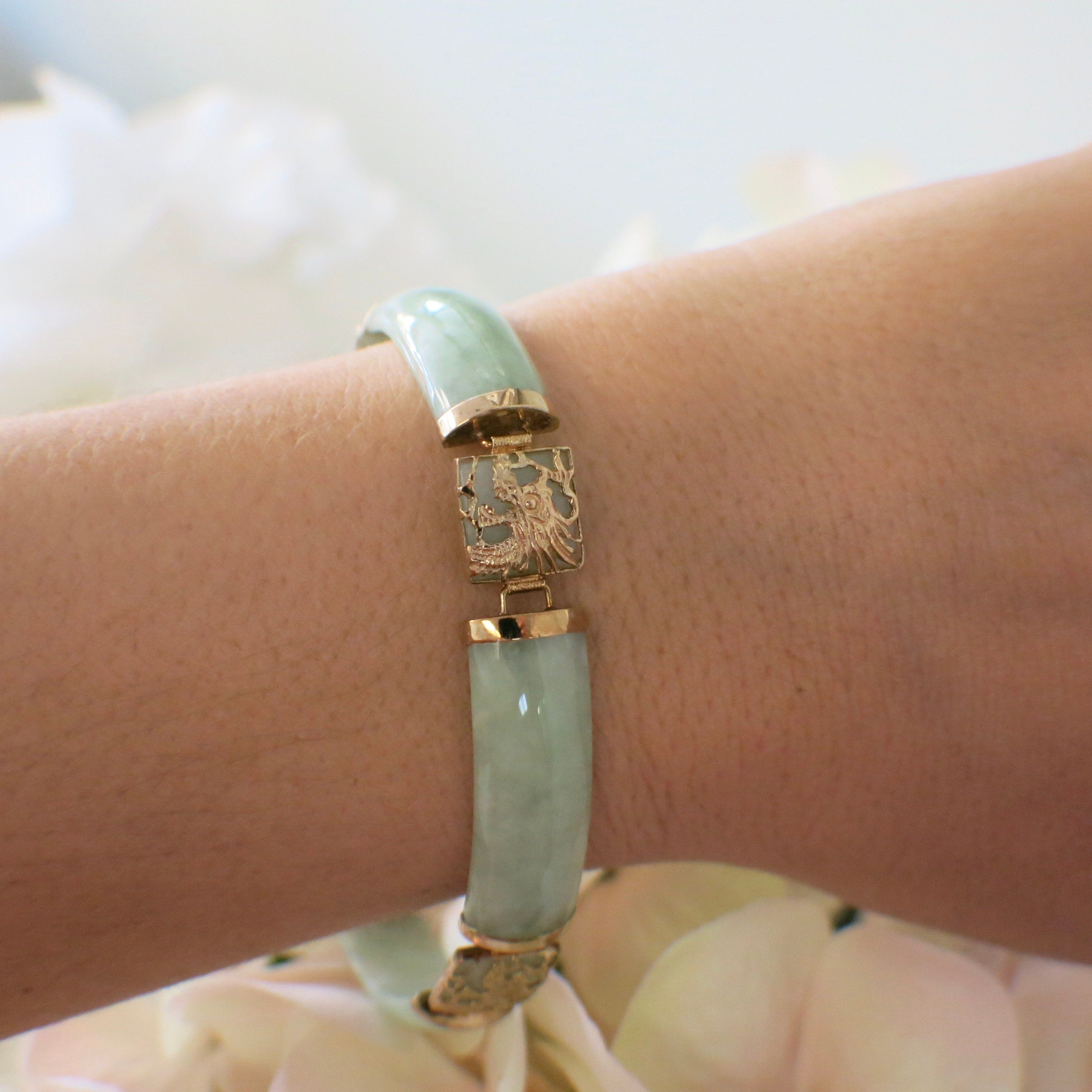 Vintage Jade Bracelet | 14K Yellow Gold Chinese Symbol Bar & Panel Design 7 Inch - Black Market LLC