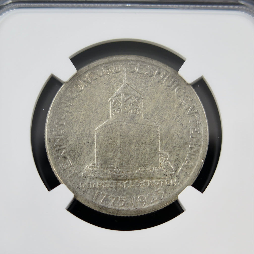 1925 Lexington–Concord Sesquicentennial Half Dollar silver commemorative coin, NGC MS64 grade, showcasing historical imagery.