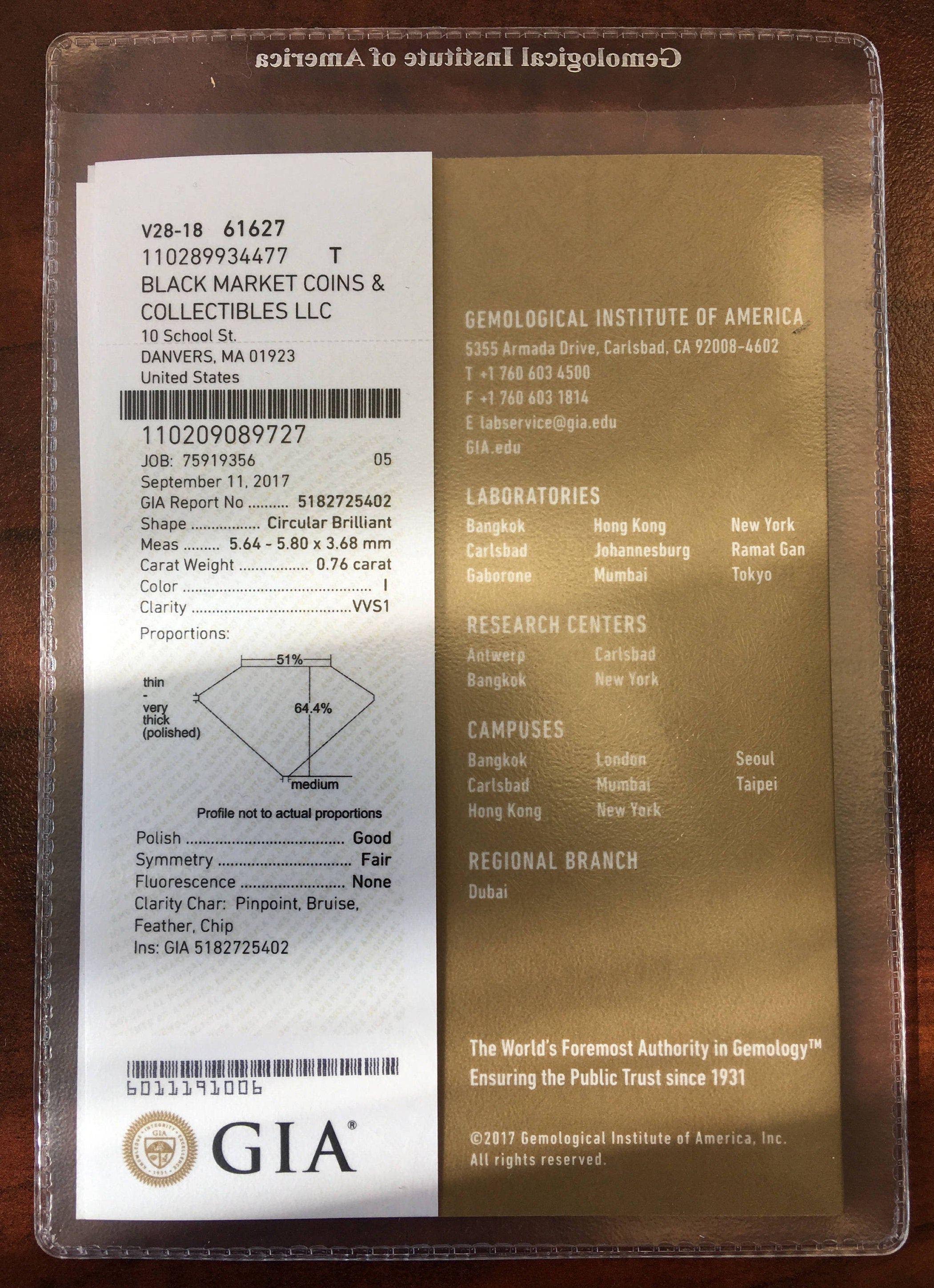 GIA Certified 0.76 CT round brilliant diamond loose stone with VVS1 clarity and I color, from Black Market LLC.