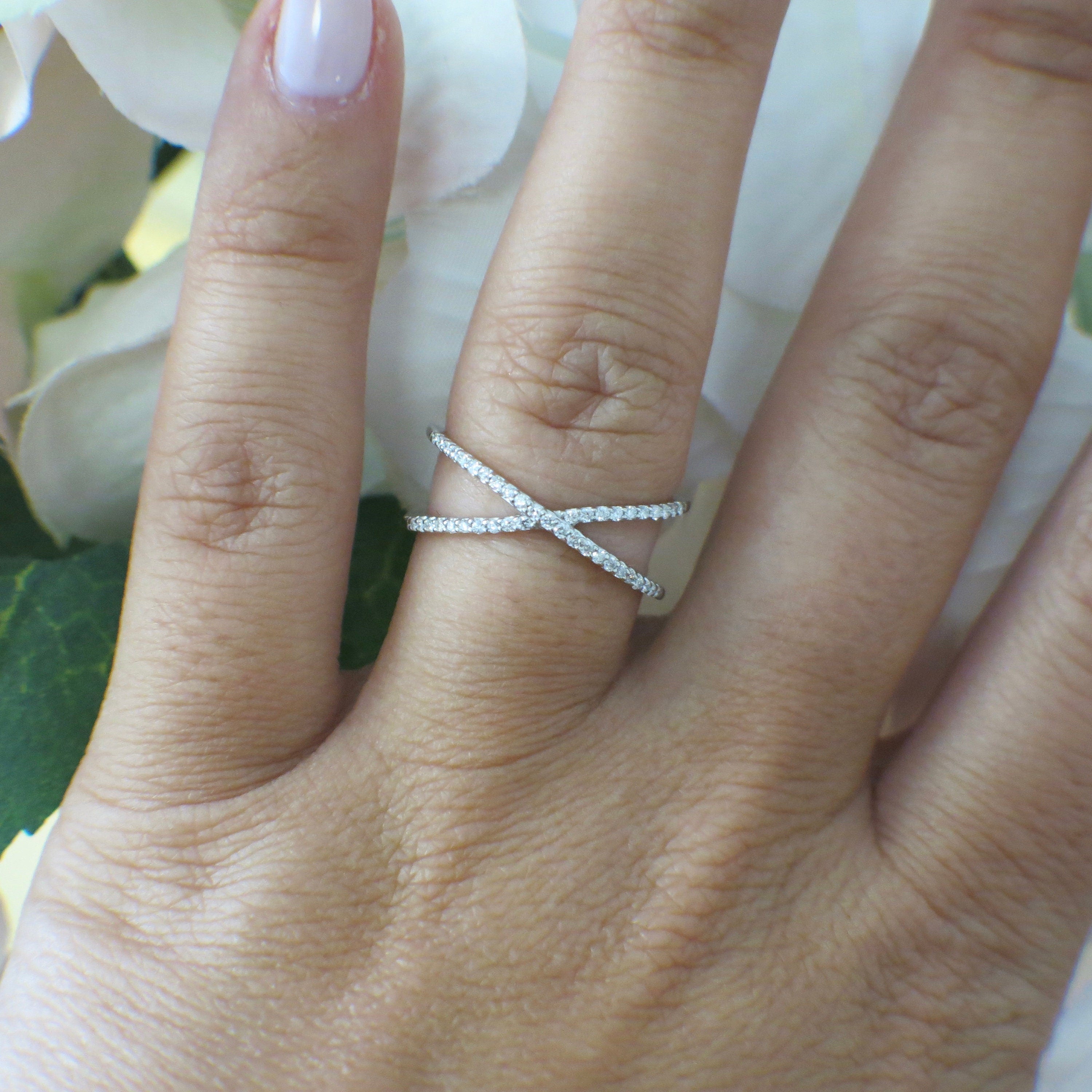 14K Gold Criss Cross Diamond Ring | White, Yellow, or Rose Gold X Ring - Black Market LLC