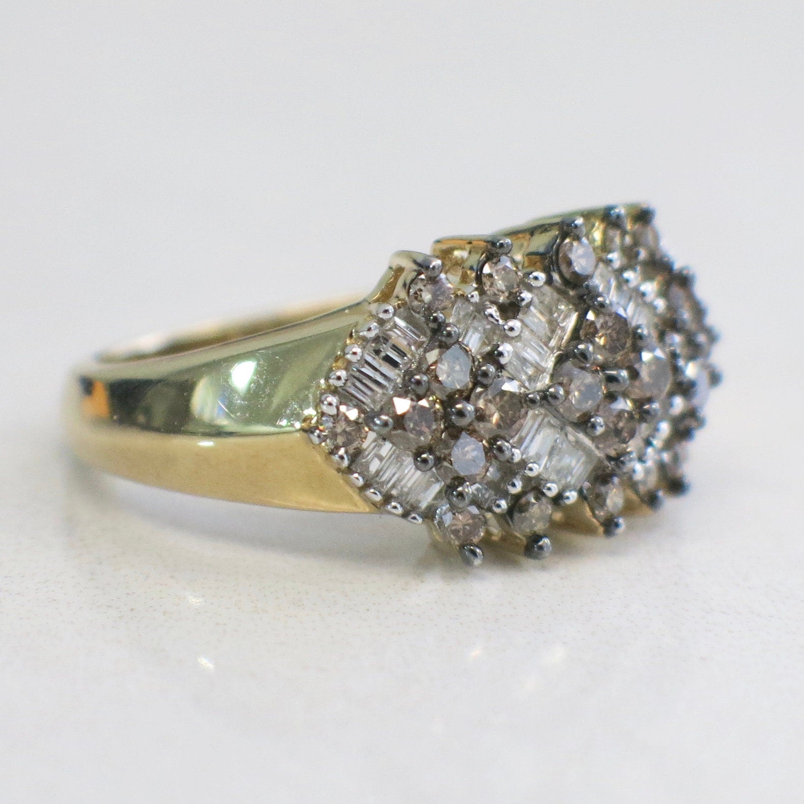 10K Yellow Gold Champagne & White Diamond Cluster Ring | 0.90 CTW Size 7.25 - Black Market LLC