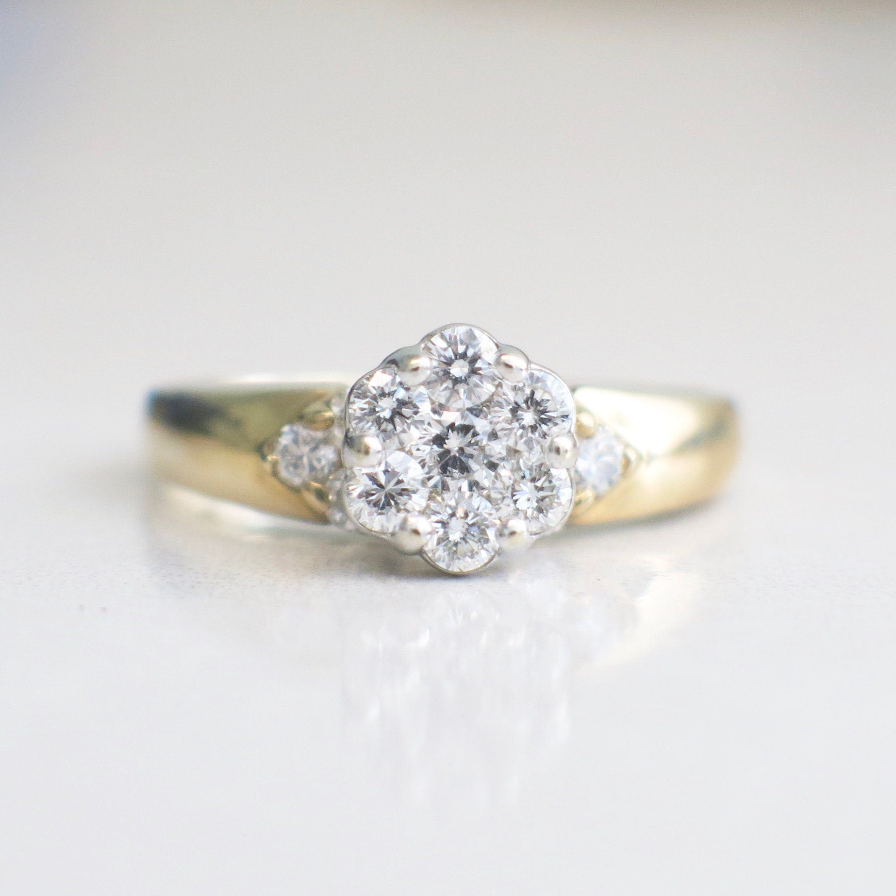 14K Two-Tone Diamond Cluster Ring – Vintage Floral Engagement, Size 7.5 - Black Market LLC