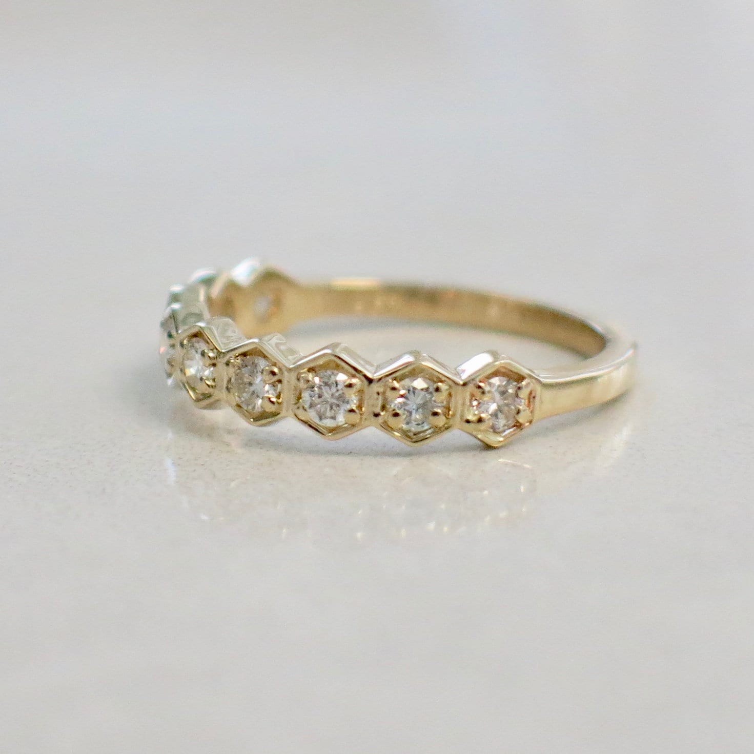 14K yellow gold hexagon diamond wedding band, 4mm stackable geometric ring with sparkling diamonds, by Black Market LLC.