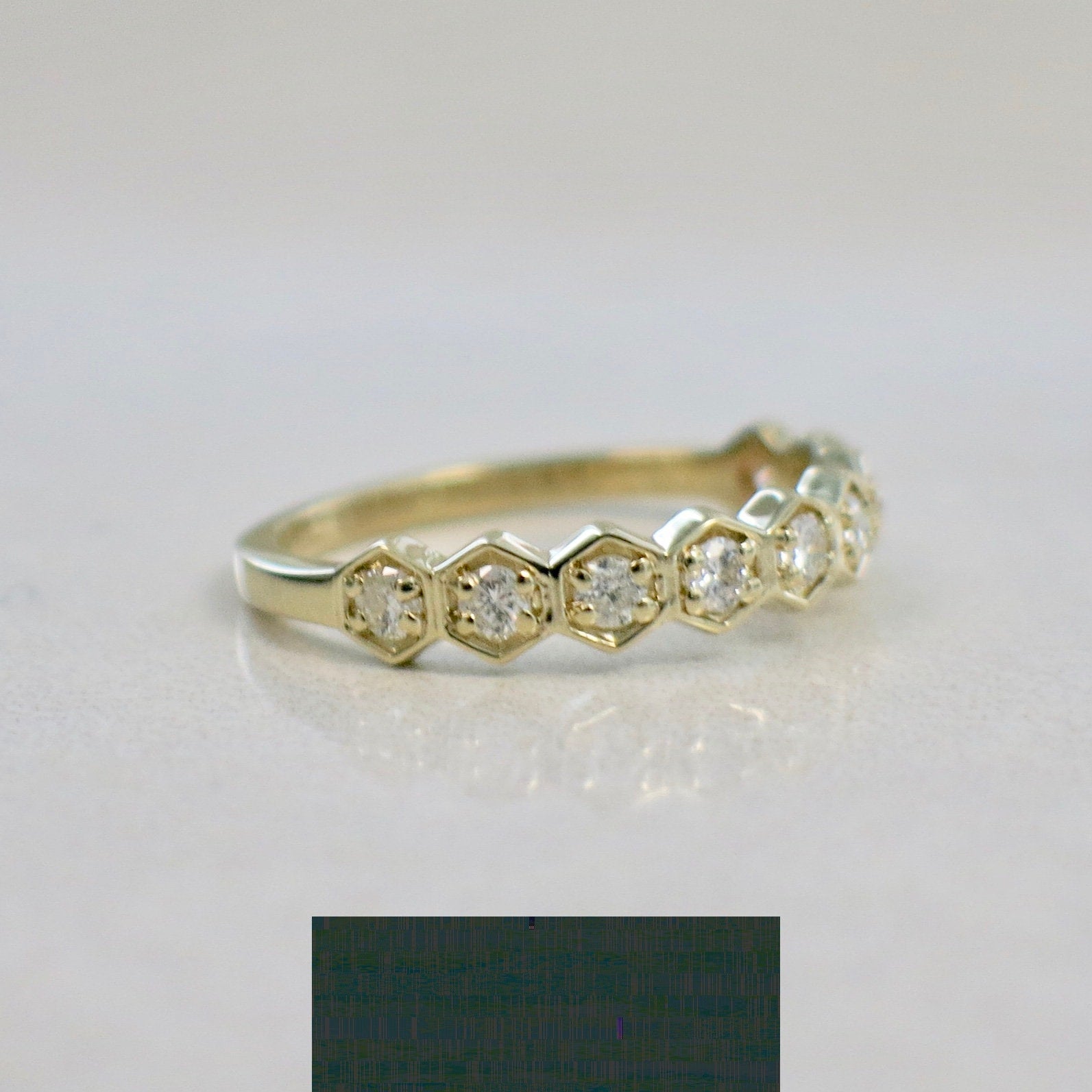 14K yellow gold hexagon diamond wedding band, stackable geometric ring with 4mm width, crafted by Black Market LLC.